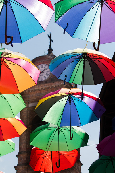 Umbrella art installation, colours in the sky. - Photo, Image