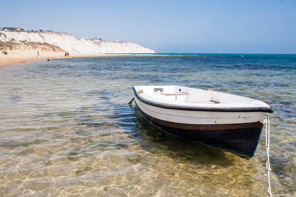 Marine boat with a motor in the parking lot. South Western Sicilian Coast - Photo, Image