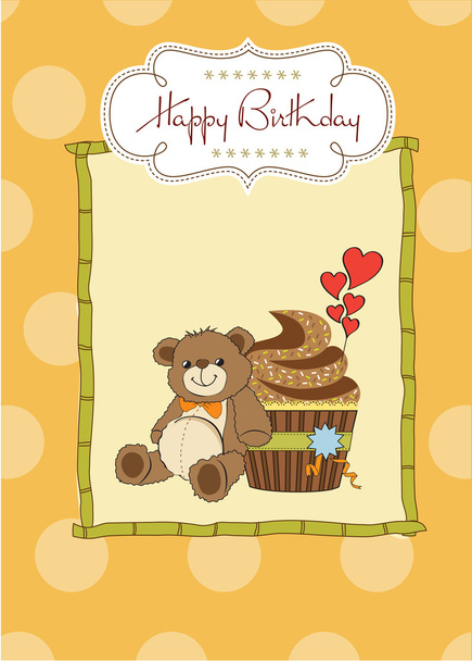 tarjeta de felicitación de cumpleaños con cupcake y osito de peluche - Foto, imagen