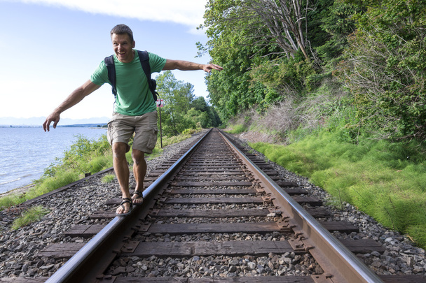 Fun hike on railroad tracks - Photo, Image