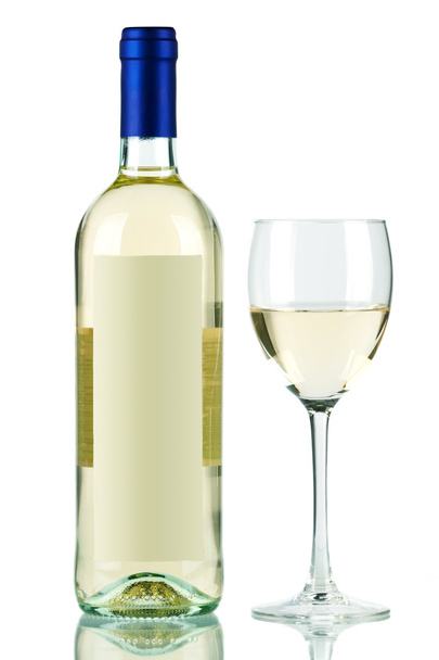 Bottle of white wine and wine glass - Foto, afbeelding