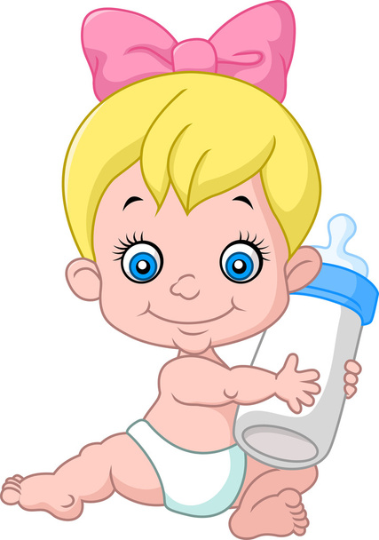 Desenhos animados bebê menina segurando garrafa
 - Vetor, Imagem