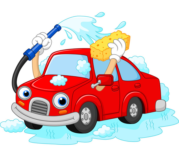Cartoon funny car washing with water pipe and sponge - Vector, Image