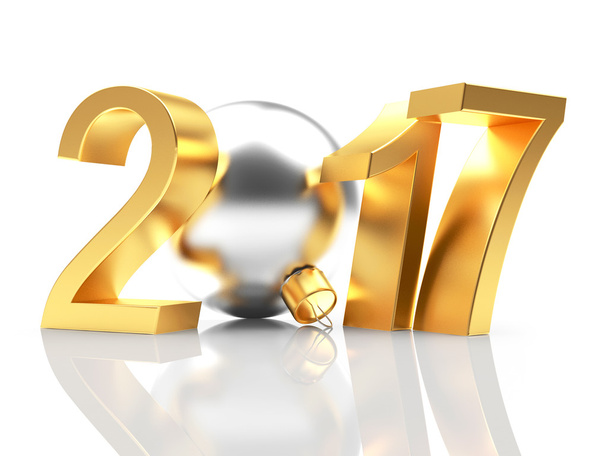 Gümüş 2017 yeni yıl ve üzerinde yansıması ile beyaz altın Noel top.  - Fotoğraf, Görsel