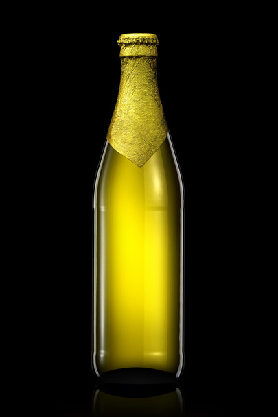 Bottle of beer with golden foil isolated on black background - Photo, image