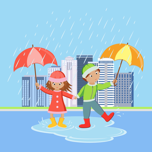 Bambini con ombrelloni sotto la pioggia
 - Vettoriali, immagini