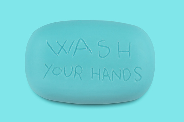 blue soap bar with wash your hands written - Photo, Image