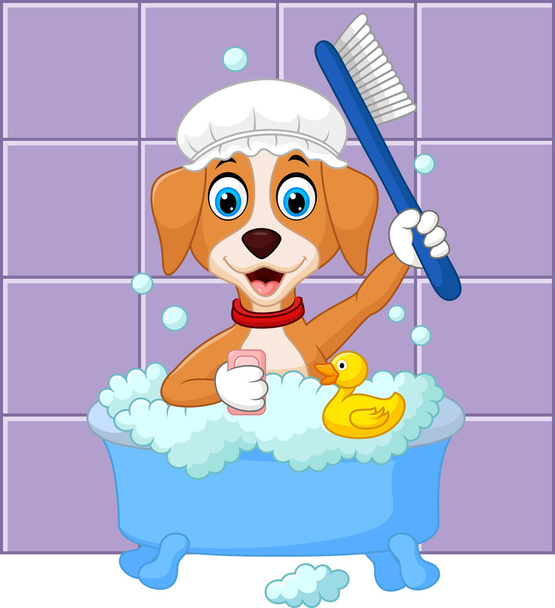 Söpö sarjakuva koira ottaa kylpy
 - Vektori, kuva