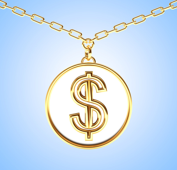 Golden medallion with dollar sign on a chain on blue  - Photo, Image