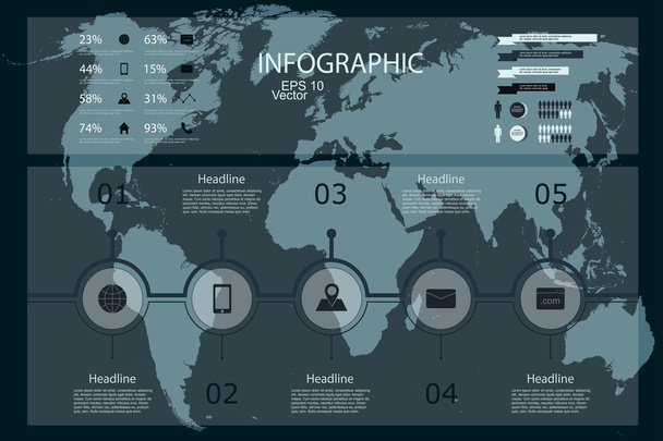 Retro infografia asetettu. Maailman kartta ja informaatiografiikka
 - Vektori, kuva