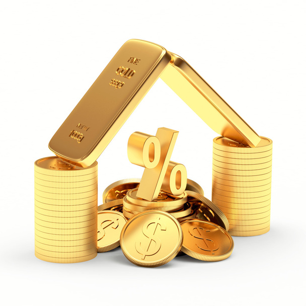 Golden bars, coins and percent sign on white - Photo, Image