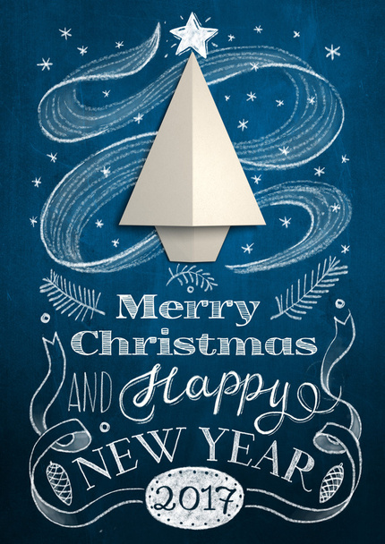Cartão de Natal com chalkboard e origami árvore
 - Foto, Imagem
