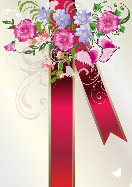 virág dekoráció és piros szalag - Vektor, kép
