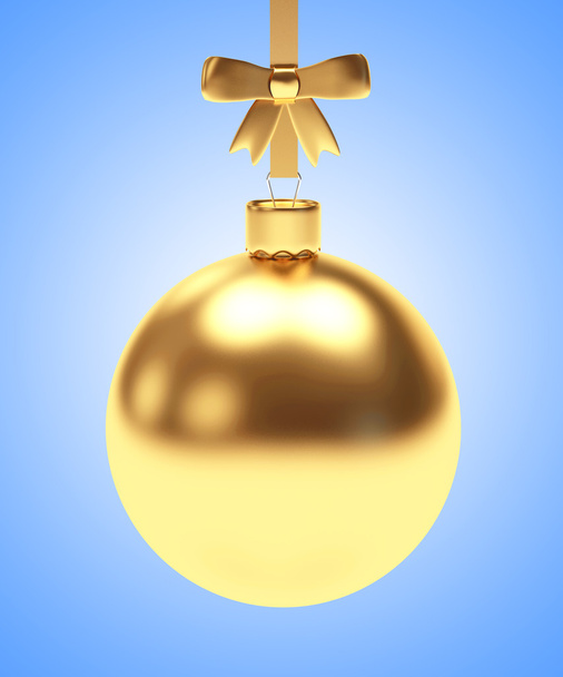 Zlatý vánoční koule s mašlí na modré - Fotografie, Obrázek