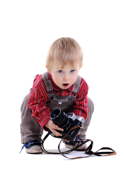 Cute boy with old camera - Фото, изображение