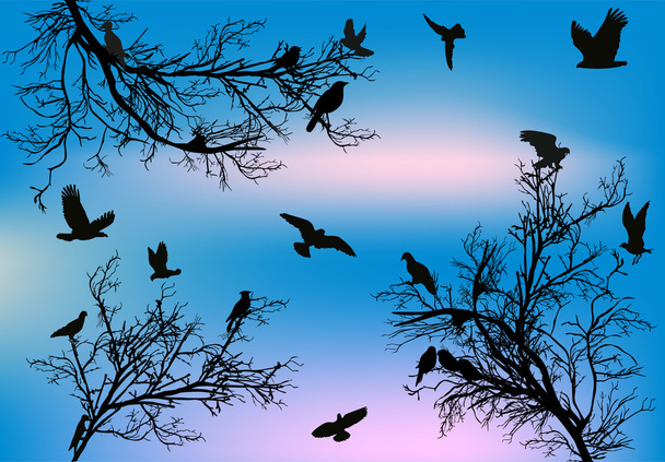 fliegender Vogel zwischen Bäumen Illustration - Vektor, Bild