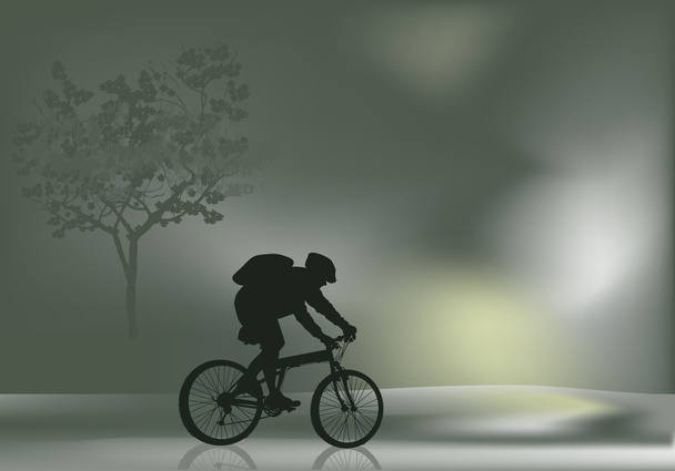 霧の風景の中のサイクリストのシルエット - ベクター画像