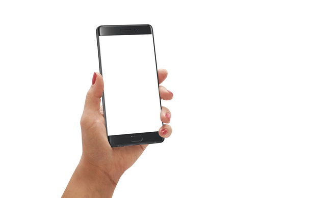 Kobiety posiadają nowoczesny smartfon z zaokrągloną krawędź z biały ekran dla makieta. - Zdjęcie, obraz