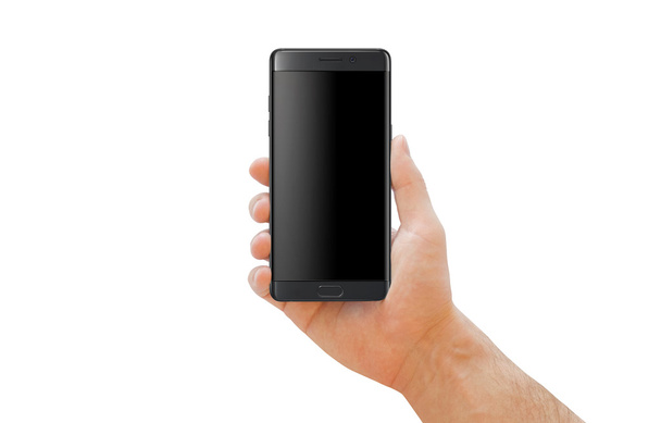 Mão segurando smartphone preto moderno com borda curva para mockup
. - Foto, Imagem