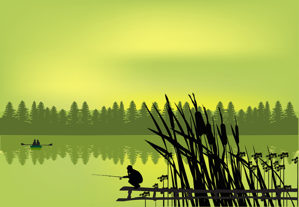 fisherman near green forest lake - Vector, Image