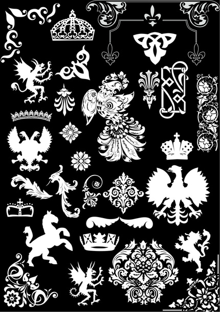 Set of heraldic animals and ornaments on black - Vector, Image
