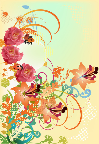 Иллюстрация цветов и красных божьих коровок
 - Вектор,изображение
