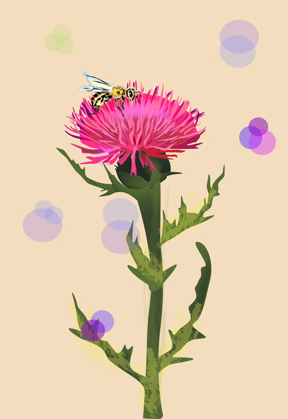 Mała Pszczoła na różowy kwiat dzikiego - Wektor, obraz