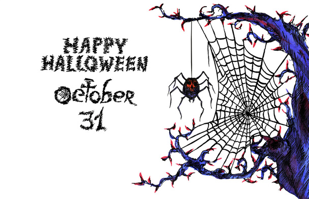 Dark web with  spider "Happy Halloween" - Photo, Image