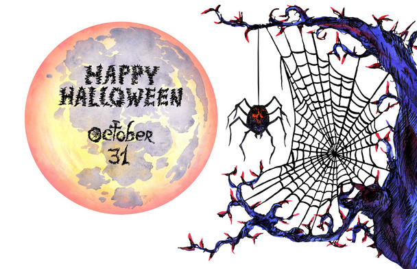  Dark web with spider  and full moon "Happy Halloween" - Valokuva, kuva
