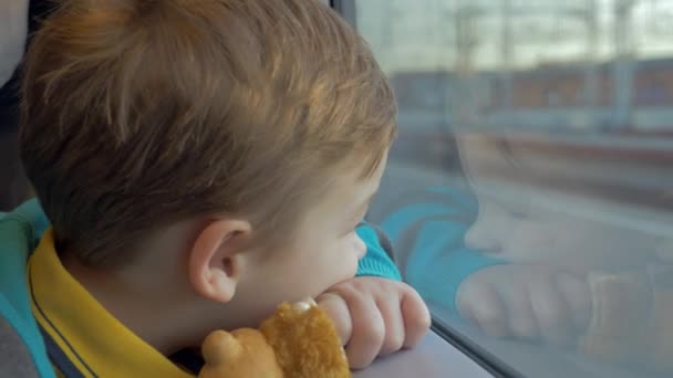 Saint-Petersburg, Rusya'da trenle pencereden dışarı bakan ve elinde oyuncak olan küçük bir çocuğa biniyor. - Video, Çekim