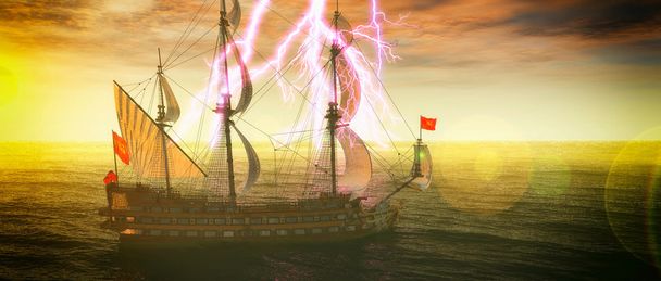 Abandoned historic sailing ship in the stormy sea with a lightning strike 3d rendering - Photo, Image