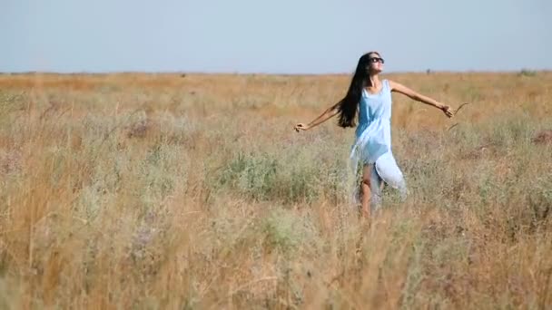 Nuori kaunis tyttö sininen mekko nauttii kukkia aro. Nuori nainen niityllä. Steppe! Kukkivat aurinkoinen niitty pitkä ruoho paksut korvat ja kukat
 - Materiaali, video