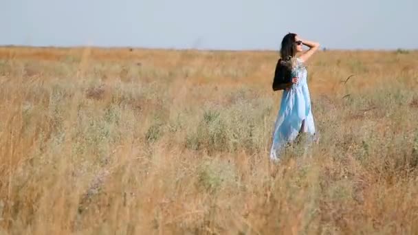 Mooi meisje in een blauwe jurk geniet bloemen steppe. Een jonge vrouw in een weiland. Steppe. Bloeiende zonnige weide met hoog gras dik oren en bloemen - Video