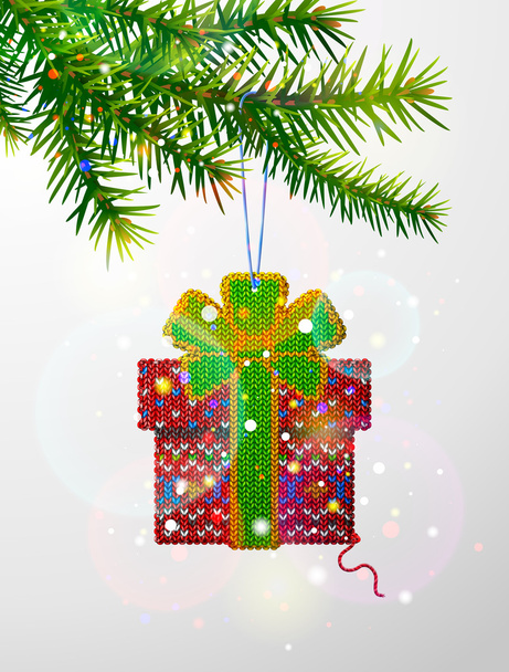 Χριστουγεννιάτικο δέντρο υποκατάστημα με διακοσμητικό δώρο πλεκτό - Διάνυσμα, εικόνα