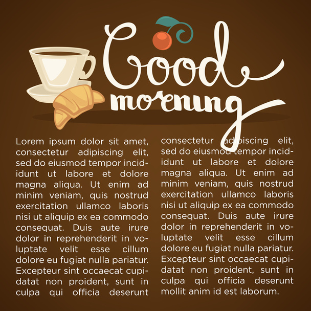 good morning lettering composition with cup of coffee on dark br - Vector, Image