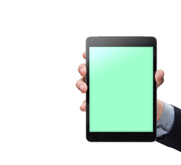 Erkek el holding tablet beyaz arka plan üzerinde - Fotoğraf, Görsel