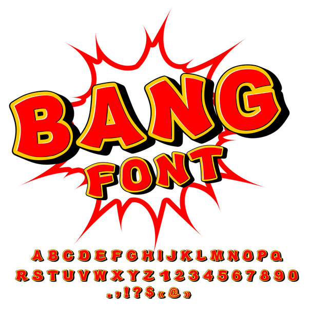Bang lettertype. Komische alfabet. Heldere cartoon ABC. Rode letters - Vector, afbeelding