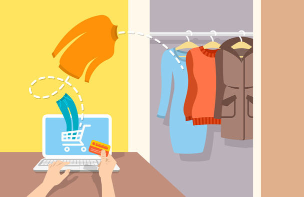 Girl buys casual winter clothes online by computer - Vector, Image