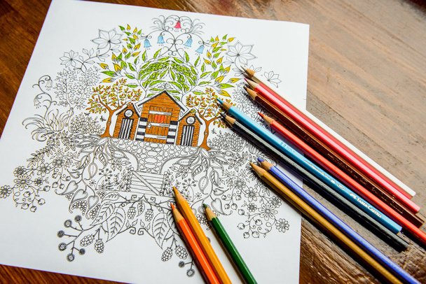 Livro de colorir anti-stress no processo de desenho
 - Foto, Imagem