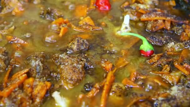 овочі (морква, перець, цибуля) з м'ясом, приготованим у киплячому супі
 - Кадри, відео