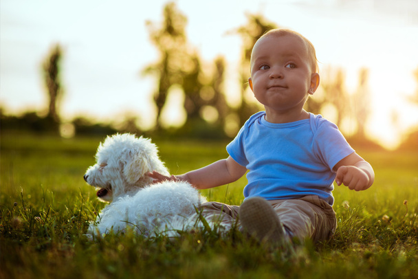 Niño feliz con un perro
 - Foto, imagen