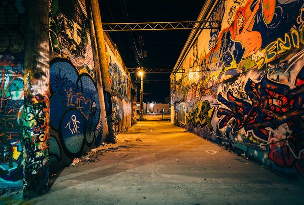 Graffiti Alley at night, in the Station North District, of Balti - Foto, imagen