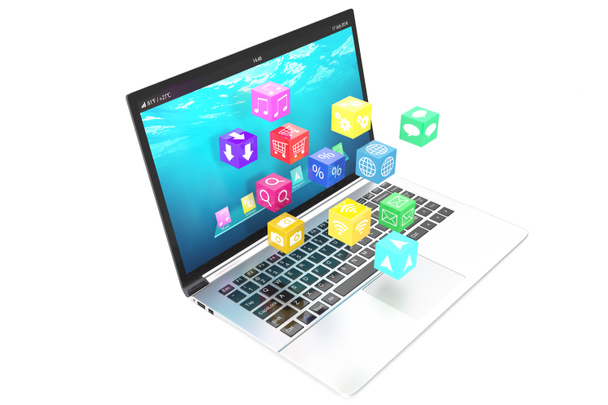 Cloud computing concept: white laptop with  of color application icons isolated on  background. 3d illustration - Photo, Image