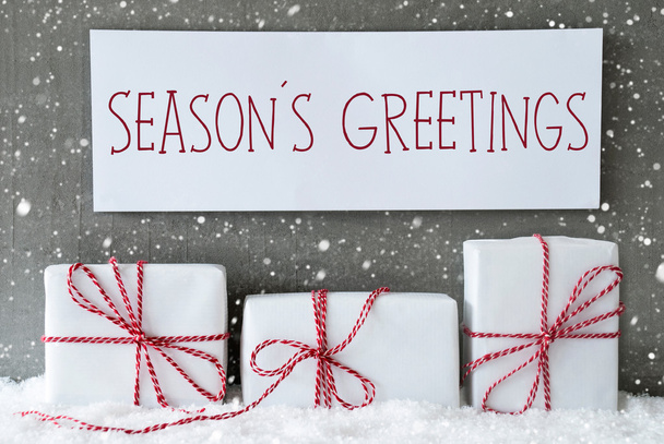 White Gift With Snowflakes, Text Seasons Greetings - Photo, image