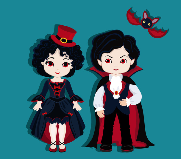 Illustratie van de zeer schattige jongen en meisje gekleed in een vampier kostuum. - Vector, afbeelding