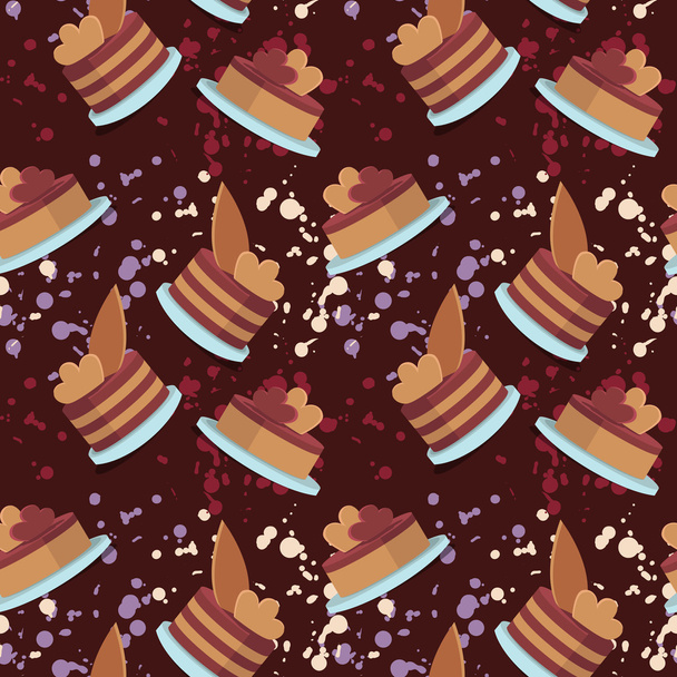 Vector seamless pattern of colored cakes and splashes on a brown background in flat style. - Vektori, kuva