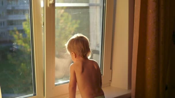 a gyermek ránéz a nyitott ablakon - Felvétel, videó