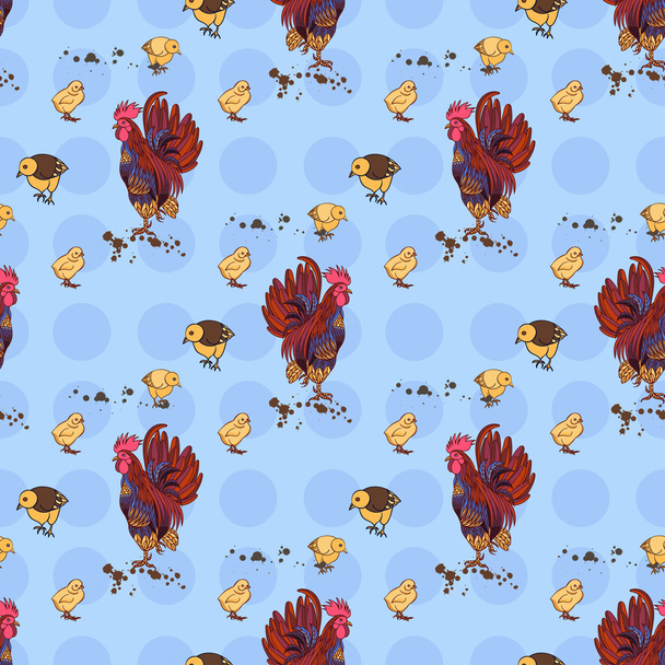 Seamless background with hand drawn rooster, hens and chickens - Vector, imagen