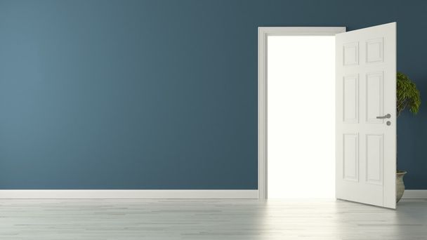porte américaine ouverte avec mur bleu et plancher réfléchissant
 - Photo, image