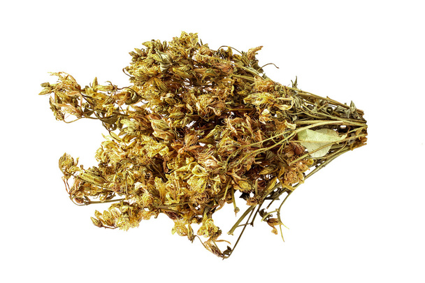 Flores secas Hierba de San Juan para un té de hierbas útil en un blanco
 - Foto, imagen